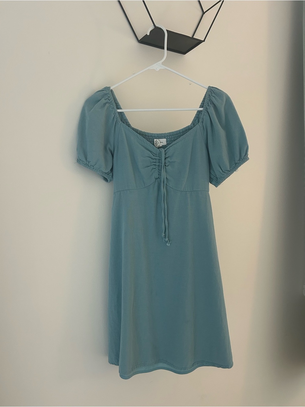 Women's Dusty Blue Puff-Sleeve Mini Dress with Drawstring
